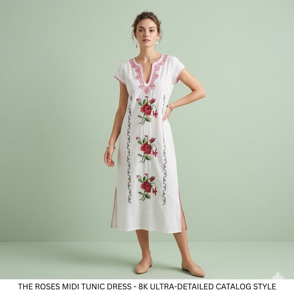 Gallabia Kaftan Dress Womens M White Cotton Embroidered Cross Stitch Floral Boho